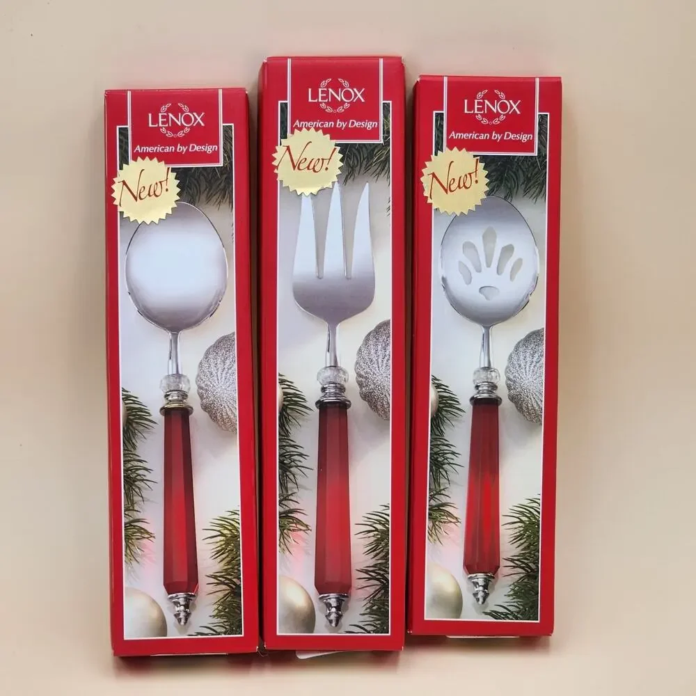 Lenox Holiday Jewel 3-Piece Serving Set Spoon Pierced Spoon Cold Meat Fork Boxed